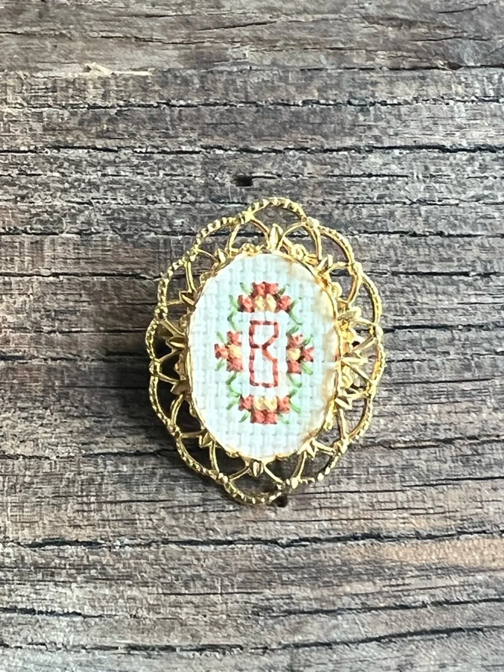 Vintage Petit Point Initial B Brooch Pendant - 80's Crosstitch monogram, brooch